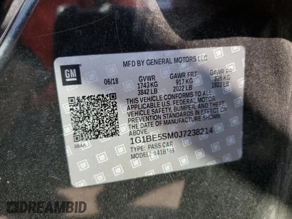 ✅ 2018 Chevrolet Cruze LT • VIN: 1G1BE5SM0J7238214 • Лот: 44091733. Опубликован ранее на Copart с пробегом 65 041 миль. Бесплатный доступ к архиву аукционных продаж из США и подробный отчёт об истории автомобиля на DreamBid. Изображение 12.