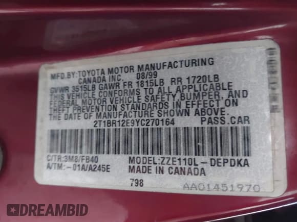 ✅ 2000 Toyota Corolla VE • VIN: 2T1BR12E9YC270164 • Lot: 43479741. Listed on IAAI with 138,128 mi. Free auction sales archive from the USA and detailed vehicle history report at DreamBid. Image 9.