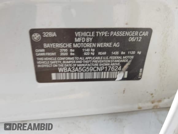 ✅ 2012 BMW 3 Series 328i • VIN: WBA3A5G59CNP17624 • Lot: 42943845. Listed on IAAI with 128,281 mi. Free auction sales archive from the USA and detailed vehicle history report at DreamBid. Image 9.