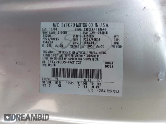 ✅ 2004 Ford Ranger XL • VIN: 1FTYR10D54PA31727 • Лот: 42911073. Опубликован ранее на IAAI с пробегом 108 919 миль. Бесплатный доступ к архиву аукционных продаж из США и подробный отчёт об истории автомобиля на DreamBid. Изображение 9.