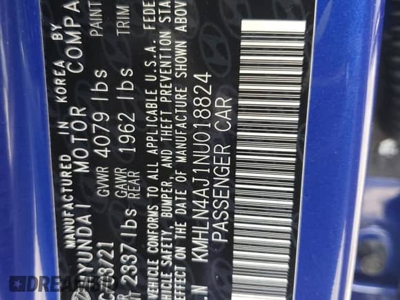 2022 Hyundai Elantra Limited with VIN KMHLN4AJ1NU018824, listed as a Copart auction lot 85382655 with 39,294 mi miles and Salvage title. Bid and sale history available at DreamBid. Image 12.