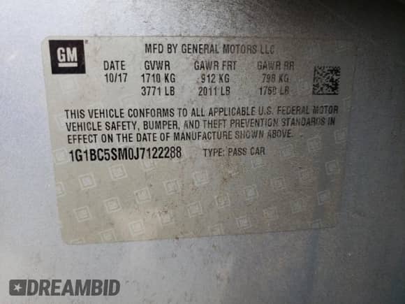 2018 Chevrolet Cruze LS с VIN 1G1BC5SM0J7122288, выставлен на аукционе Copart как лот 71095302 с пробегом 69 262 миль миль и . История ставок и продаж доступна на DreamBid. Изображение 12.