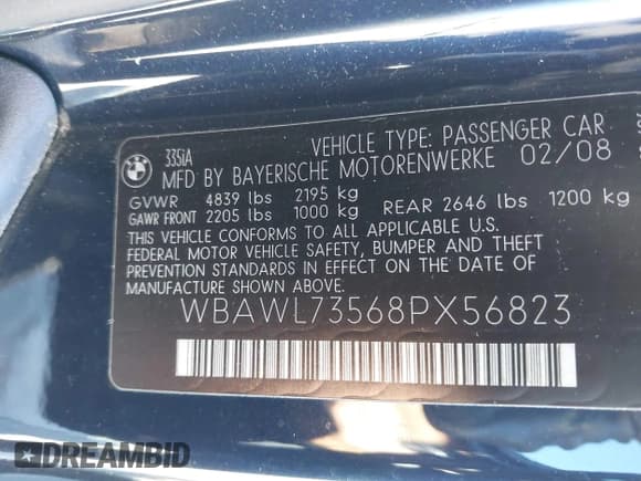 ✅ 2008 BMW 3 Series 335i • VIN: WBAWL73568PX56823 • Lot: 43613379. Listed on IAAI with 137,726 mi. Free auction sales archive from the USA and detailed vehicle history report at DreamBid. Image 9.
