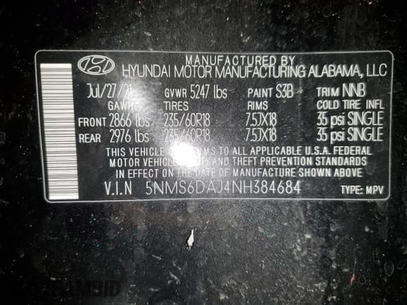 ✅ 2022 Hyundai Santa Fe XRT • VIN: 5NMS6DAJ4NH384684 • Лот: 72087472. Опубликован ранее на Copart с пробегом 35 134 миль. Бесплатный доступ к архиву аукционных продаж из США и подробный отчёт об истории автомобиля на DreamBid. Изображение 12.