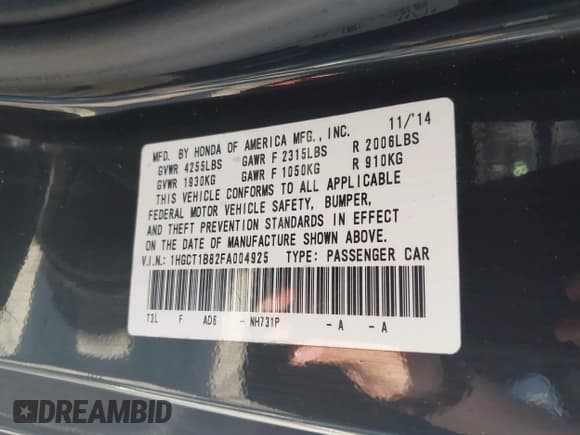 ✅ 2015 Honda Accord EX-L • VIN: 1HGCT1B82FA004925 • Lot: 43068682. Listed on IAAI with 108,609 mi. Free auction sales archive from the USA and detailed vehicle history report at DreamBid. Image 9.