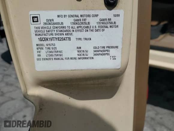 2000 Chevrolet Silverado 1500 LT с VIN 1GCEK19T7YE204778, выставлен на аукционе Copart как лот 65511355 с пробегом 92 002 миль миль и Чистый • Clean title. История ставок и продаж доступна на DreamBid. Изображение 12.
