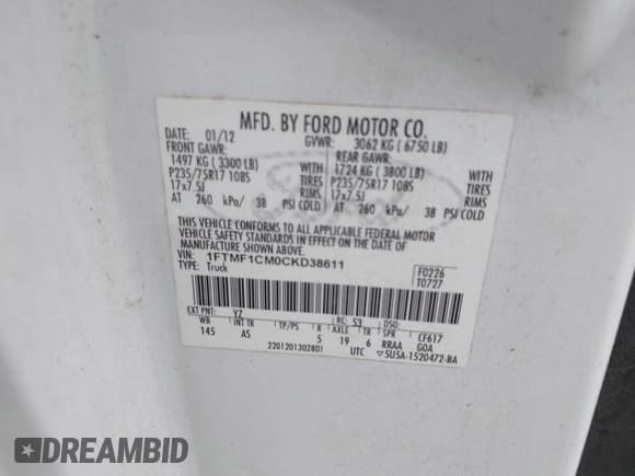 ✅ 2012 Ford F-150 XL • VIN: 1FTMF1CM0CKD38611 • Lot: 41884475. Listed on IAAI with 117,524 mi. Free auction sales archive from the USA and detailed vehicle history report at DreamBid. Image 9.