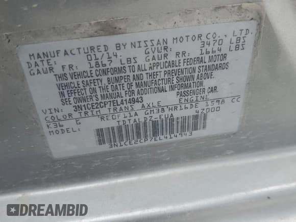 ✅ 2014 Nissan Note SV • VIN: 3N1CE2CP7EL414943 • Lot: 66562295. Wystawiony na Copart z przebiegiem 106 249 mil. Bezpłatny archiwum sprzedaży aukcyjnych z USA i szczegółowy raport historii pojazdu na DreamBid. Zdjęcie 12.