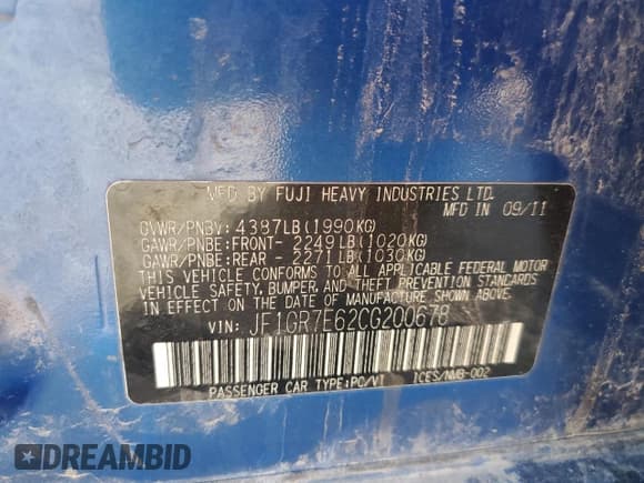 ✅ 2012 Subaru WRX WRX Premium • VIN: JF1GR7E62CG200678 • Lot: 69224874. Listed on Copart with Not provided. Free auction sales archive from the USA and detailed vehicle history report at DreamBid. Image 13.