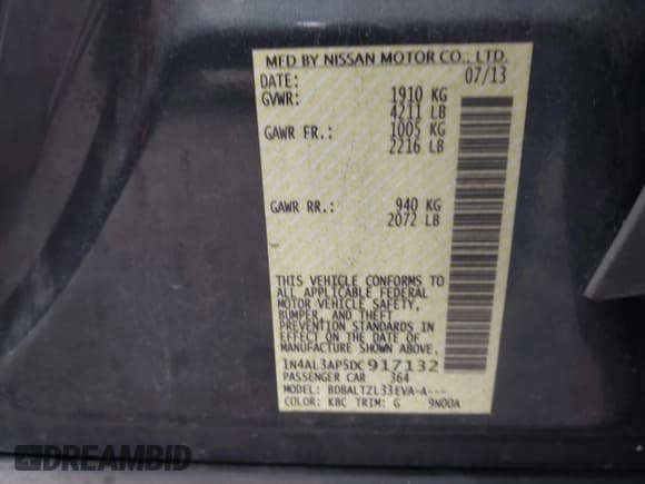 ✅ 2013 Nissan Altima SV • VIN: 1N4AL3AP5DC917132 • Lot: 43731853. Wystawiony na IAAI z przebiegiem 92 710 mil. Bezpłatny archiwum sprzedaży aukcyjnych z USA i szczegółowy raport historii pojazdu na DreamBid. Zdjęcie 9.