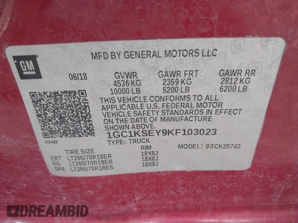 ✅ 2019 Chevrolet Silverado 2500HD LT • VIN: 1GC1KSEY9KF103023 • Lot: 41823944. Listed on IAAI with 143,028 mi. Free auction sales archive from the USA and detailed vehicle history report at DreamBid. Image 9.