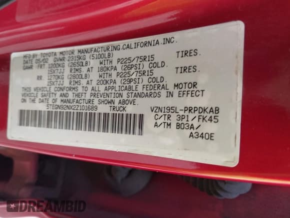 ✅ 2002 Toyota Tacoma PreRunner • VIN: 5TEGN92NX2Z101689 • Lot: 41919352. Listed on IAAI with 201,834 mi. Free auction sales archive from the USA and detailed vehicle history report at DreamBid. Image 9.