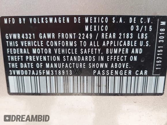 ✅ 2015 Volkswagen Jetta SE • VIN: 3VWD07AJ5FM318913 • Лот: 42671952. Опубликован ранее на IAAI с пробегом 120 169 миль. Бесплатный доступ к архиву аукционных продаж из США и подробный отчёт об истории автомобиля на DreamBid. Изображение 9.