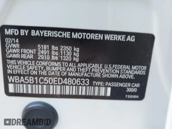 ✅ 2014 BMW 5 Series 535i • VIN: WBA5B1C50ED480633 • Lot: 43120267. Listed on IAAI with 167,823 mi. Free auction sales archive from the USA and detailed vehicle history report at DreamBid. Image 9.