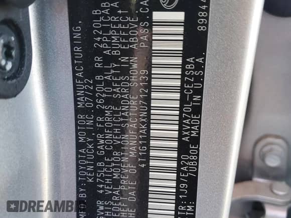 2022 Toyota Camry SE с VIN 4T1G11AKXNU712139, выставлен на аукционе Copart как лот 77199264 с пробегом 13 522 миль миль и Чистый • Clean title. История ставок и продаж доступна на DreamBid. Изображение 13.