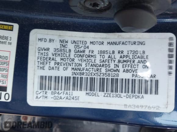 ✅ 2005 Toyota Corolla CE • VIN: 1NXBR32EX5Z358128 • Lot: 42451116. Listed on IAAI with 292,034 mi. Free auction sales archive from the USA and detailed vehicle history report at DreamBid. Image 9.