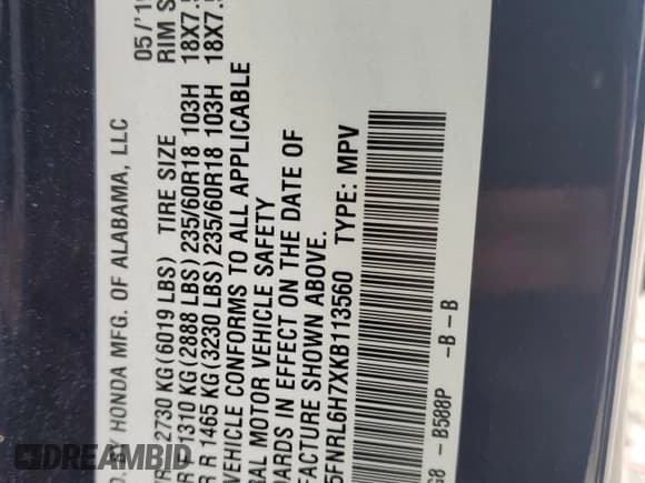 ✅ 2019 Honda Odyssey EX-L • VIN: 5FNRL6H7XKB113560 • Lot: 91777875. Wystawiony na Copart z przebiegiem Nie podano. Bezpłatny archiwum sprzedaży aukcyjnych z USA i szczegółowy raport historii pojazdu na DreamBid. Zdjęcie 13.