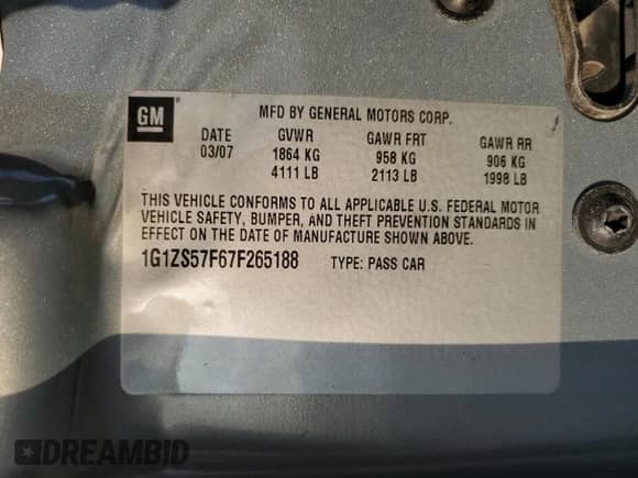 2007 Chevrolet Malibu 1FL with VIN 1G1ZS57F67F265188, listed as a Copart auction lot 73979274 with Not provided miles and Salvage title. Bid and sale history available at DreamBid. Image 14.