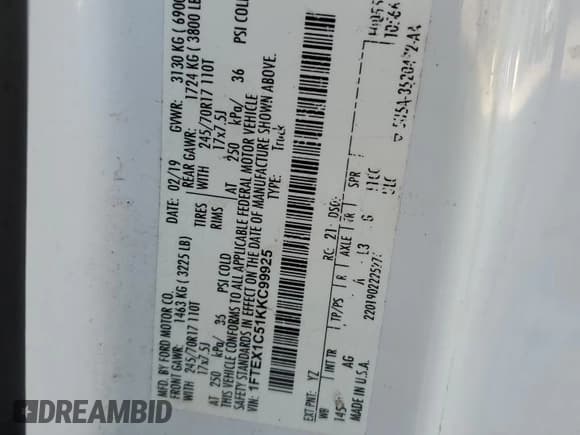 ✅ 2019 Ford F-150 XL • VIN: 1FTEX1C51KKC99925 • Lot: 71648055. Wystawiony na Copart z przebiegiem 61 572 mil. Bezpłatny archiwum sprzedaży aukcyjnych z USA i szczegółowy raport historii pojazdu na DreamBid. Zdjęcie 12.