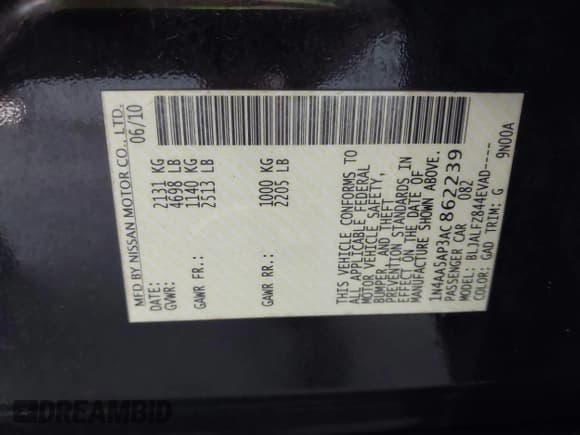 ✅ 2010 Nissan Maxima SV • VIN: 1N4AA5AP3AC862239 • Lot: 43575155. Listed on IAAI with 87,015 mi. Free auction sales archive from the USA and detailed vehicle history report at DreamBid. Image 9.