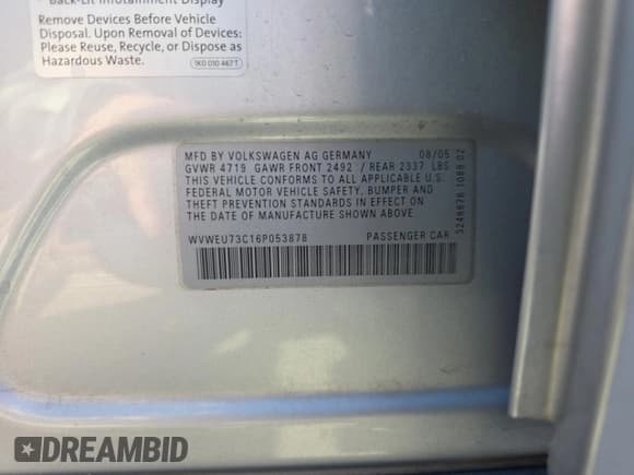 ✅ 2006 Volkswagen Passat 3.6L V6 • VIN: WVWEU73C16P053878 • Lot: 84997235. Listed on Copart with 145,752 mi. Free auction sales archive from the USA and detailed vehicle history report at DreamBid. Image 10.