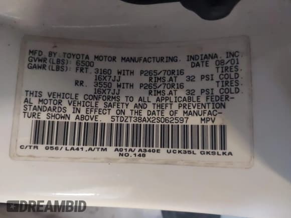 ✅ 2002 Toyota Sequoia Limited • VIN: 5TDZT38AX2S062597 • Lot: 43578529. Listed on IAAI with 299,607 mi. Free auction sales archive from the USA and detailed vehicle history report at DreamBid. Image 9.
