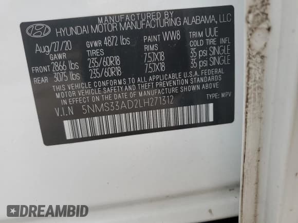 ✅ 2020 Hyundai Santa Fe SEL • VIN: 5NMS33AD2LH271312 • Lot: 57934104. Wystawiony na Copart z przebiegiem 49 627 mil. Bezpłatny archiwum sprzedaży aukcyjnych z USA i szczegółowy raport historii pojazdu na DreamBid. Zdjęcie 12.