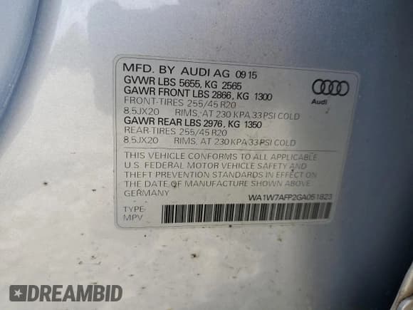 ✅ 2016 Audi Q5 Prestige • VIN: WA1W7AFP2GA051823 • Lot: 58473414. Listed on Copart with 88,002 mi. Free auction sales archive from the USA and detailed vehicle history report at DreamBid. Image 14.