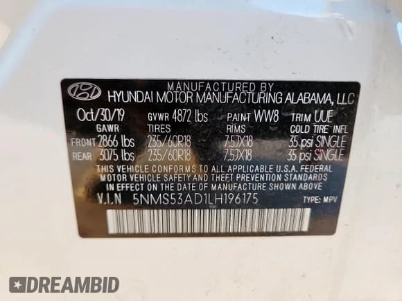 ✅ 2020 Hyundai Santa Fe Limited • VIN: 5NMS53AD1LH196175 • Лот: 82473035. Опубликован ранее на Copart с пробегом 97 466 миль. Бесплатный доступ к архиву аукционных продаж из США и подробный отчёт об истории автомобиля на DreamBid. Изображение 13.