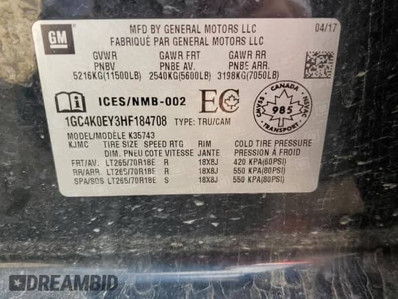 2017 Chevrolet Silverado 3500HD LTZ with VIN 1GC4K0EY3HF184708, listed as a Copart auction lot 68829495 with 251,642 mi miles and Salvage title. Bid and sale history available at DreamBid. Image 13.