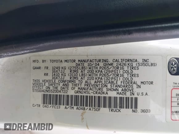 ✅ 2005 Toyota Tacoma • VIN: 5TEUU42N55Z004722 • Лот: 41646884. Опубликован ранее на IAAI с пробегом 150 028 миль. Бесплатный доступ к архиву аукционных продаж из США и подробный отчёт об истории автомобиля на DreamBid. Изображение 9.