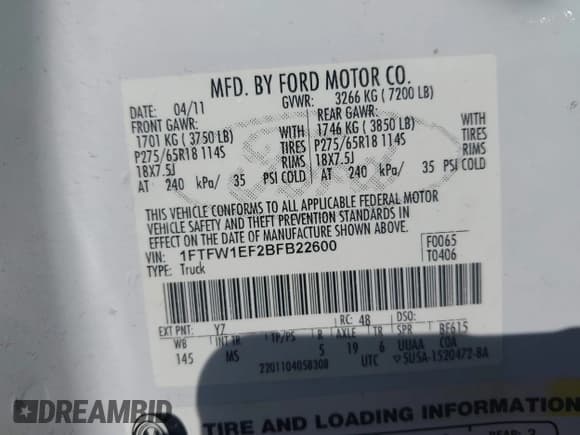 ✅ 2011 Ford F-150 XL • VIN: 1FTFW1EF2BFB22600 • Lot: 43456399. Listed on IAAI with 217,299 mi. Free auction sales archive from the USA and detailed vehicle history report at DreamBid. Image 9.