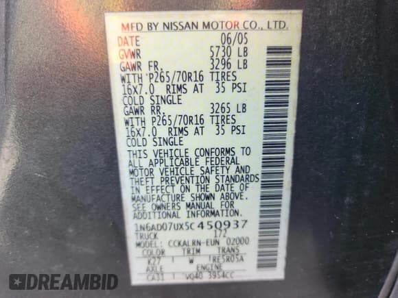 ✅ 2005 Nissan Frontier LE • VIN: 1N6AD07UX5C450937 • Lot: 64102725. Wystawiony na Copart z przebiegiem 210 701 mil. Bezpłatny archiwum sprzedaży aukcyjnych z USA i szczegółowy raport historii pojazdu na DreamBid. Zdjęcie 12.