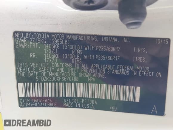 ✅ 2015 Toyota Sienna L • VIN: 5TDZK3DCXFS670488 • Lot: 43847021. Listed on IAAI with 247,395 mi. Free auction sales archive from the USA and detailed vehicle history report at DreamBid. Image 9.