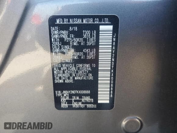 ✅ 2019 Nissan Armada SL • VIN: JN8AY2ND7KX008888 • Lot: 65737215. Listed on Copart with 108,476 mi. Free auction sales archive from the USA and detailed vehicle history report at DreamBid. Image 12.