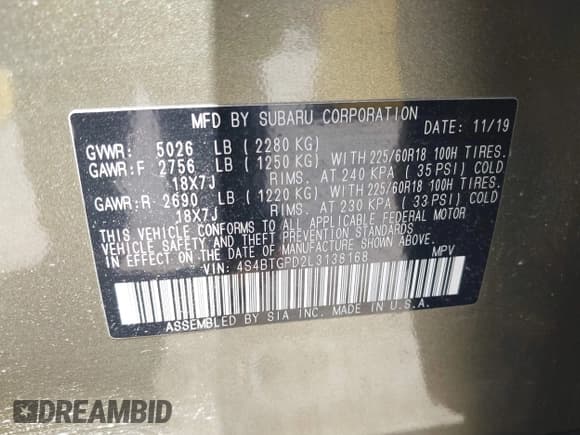 ✅ 2020 Subaru Outback Touring XT • VIN: 4S4BTGPD2L3138168 • Lot: 42537971. Listed on IAAI with 56,986 mi. Free auction sales archive from the USA and detailed vehicle history report at DreamBid. Image 9.