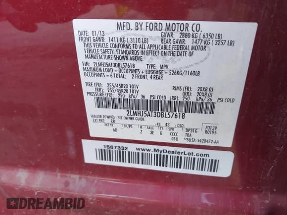 ✅ 2013 Lincoln MKT EcoBoost • VIN: 2LMHJ5AT3DBL57618 • Lot: 43598259. Listed on IAAI with 162,993 mi. Free auction sales archive from the USA and detailed vehicle history report at DreamBid. Image 9.