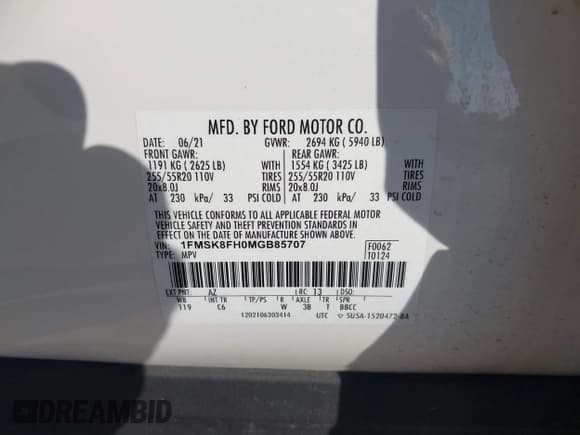 ✅ 2021 Ford Explorer Limited • VIN: 1FMSK8FH0MGB85707 • Lot: 43461990. Listed on IAAI with 54,929 mi. Free auction sales archive from the USA and detailed vehicle history report at DreamBid. Image 9.