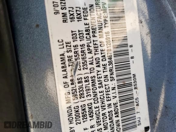 ✅ 2007 Honda Odyssey EX • VIN: 5FNRL38467B126916 • Lot: 85160185. Listed on Copart with 176,493 mi. Free auction sales archive from the USA and detailed vehicle history report at DreamBid. Image 13.