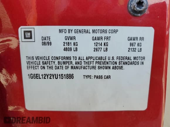 ✅ 2000 Cadillac Eldorado • VIN: 1G6EL12Y2YU151886 • Lot: 65156625. Wystawiony na Copart z przebiegiem 81 430 mil. Bezpłatny archiwum sprzedaży aukcyjnych z USA i szczegółowy raport historii pojazdu na DreamBid. Zdjęcie 12.