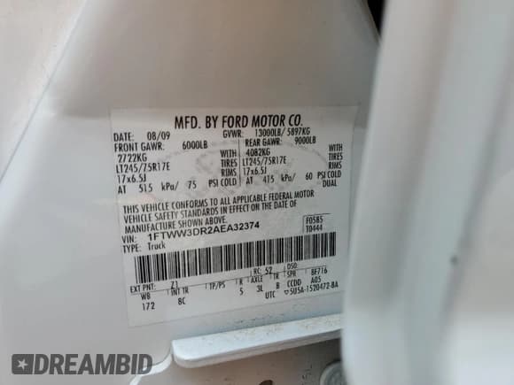 ✅ 2010 Ford F-350 XL • VIN: 1FTWW3DR2AEA32374 • Lot: 58951265. Listed on Copart with 90,902 mi. Free auction sales archive from the USA and detailed vehicle history report at DreamBid. Image 13.