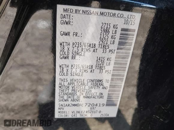 ✅ 2015 Nissan Pathfinder S • VIN: 5N1AR2MM0FC720419 • Lot: 41580603. Listed on IAAI with 63,409 mi. Free auction sales archive from the USA and detailed vehicle history report at DreamBid. Image 9.