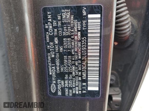 ✅ 2020 Hyundai Tucson Ultimate • VIN: KM8J3CAL3LU193355 • Lot: 83933785. Listed on Copart with 131,666 mi. Free auction sales archive from the USA and detailed vehicle history report at DreamBid. Image 13.