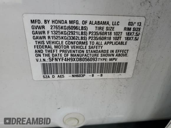 ✅ 2013 Honda Pilot Touring • VIN: 5FNYF4H9XDB056093 • Lot: 93487465. Listed on Copart with 173,745 mi. Free auction sales archive from the USA and detailed vehicle history report at DreamBid. Image 13.