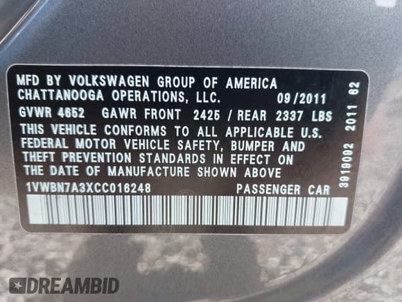 ✅ 2012 Volkswagen Passat SE • VIN: 1VWBN7A3XCC016248 • Lot: 42630358. Listed on IAAI with 227,528 mi. Free auction sales archive from the USA and detailed vehicle history report at DreamBid. Image 9.