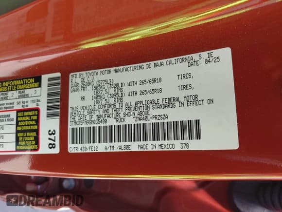 ✅ 2025 Toyota Tacoma SR5 • VIN: 3TMKB5FN9SM035400 • Лот: 43113013. Опубликован ранее на IAAI с пробегом 4 632 миль. Бесплатный доступ к архиву аукционных продаж из США и подробный отчёт об истории автомобиля на DreamBid. Изображение 9.