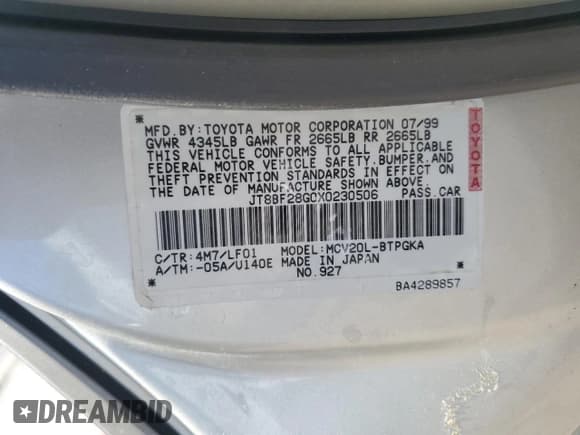 ✅ 1999 Lexus ES 300 • VIN: JT8BF28G0X0230506 • Лот: 67960975. Опубликован ранее на Copart с пробегом 105 305 миль. Бесплатный доступ к архиву аукционных продаж из США и подробный отчёт об истории автомобиля на DreamBid. Изображение 13.