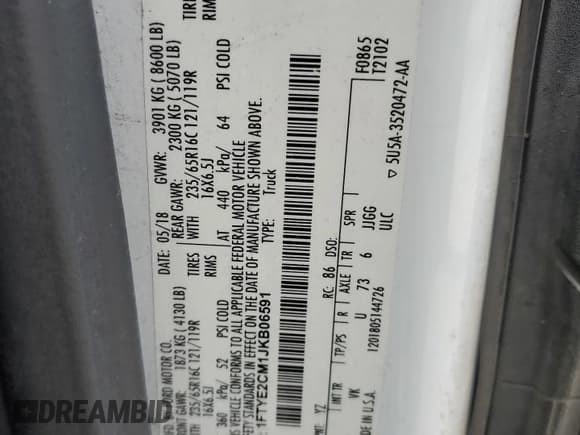 ✅ 2018 Ford Transit • VIN: 1FTYE2CM1JKB06591 • Лот: 54611555. Опубликован ранее на Copart с пробегом 205 814 миль. Бесплатный доступ к архиву аукционных продаж из США и подробный отчёт об истории автомобиля на DreamBid. Изображение 13.