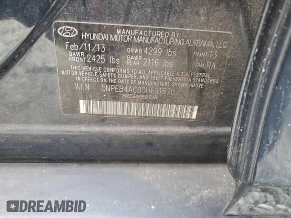 2013 Hyundai Sonata GLS with VIN 5NPEB4AC0DH691670, listed as a Copart auction lot 81971365 with 98,250 mi miles and Salvage title. Bid and sale history available at DreamBid. Image 12.