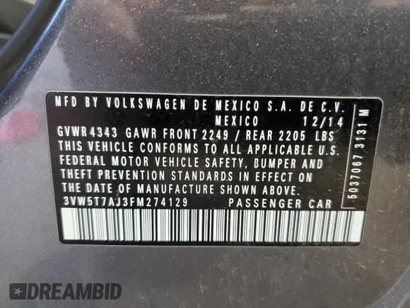 ✅ 2015 Volkswagen Jetta GLI SEL • VIN: 3VW5T7AJ3FM274129 • Lot: 89701895. Wystawiony na Copart z przebiegiem 135 505 mil. Bezpłatny archiwum sprzedaży aukcyjnych z USA i szczegółowy raport historii pojazdu na DreamBid. Zdjęcie 13.